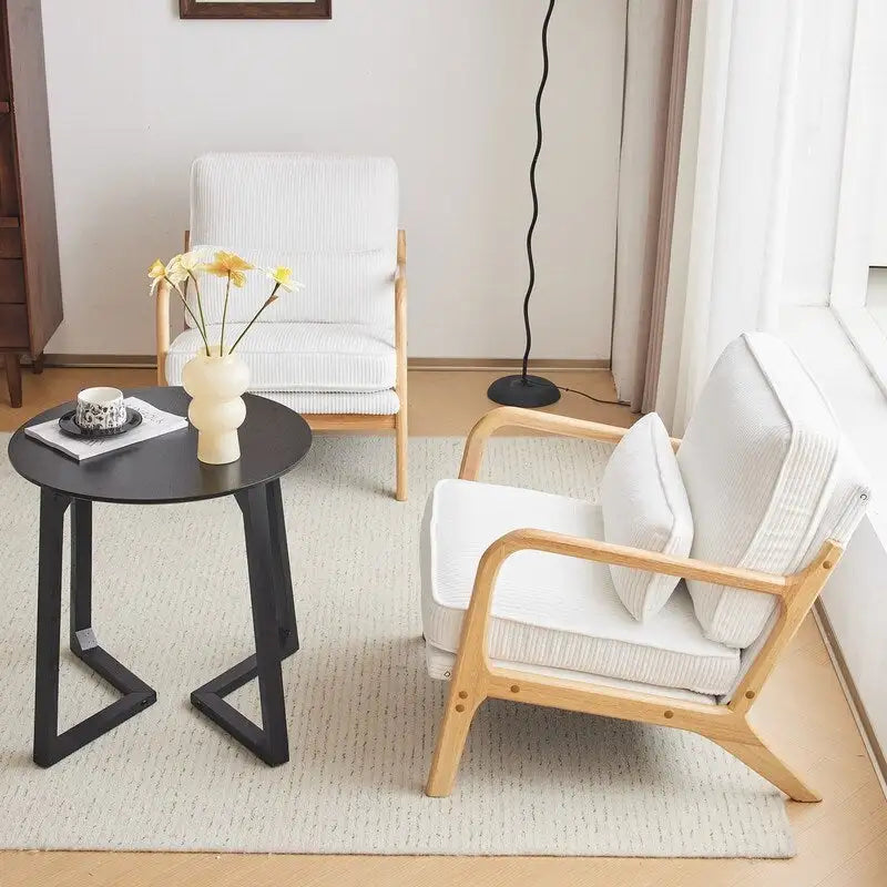 Fauteuil d'appoint moderniste en lin blanc cassé avec accoudoirs en bois massif