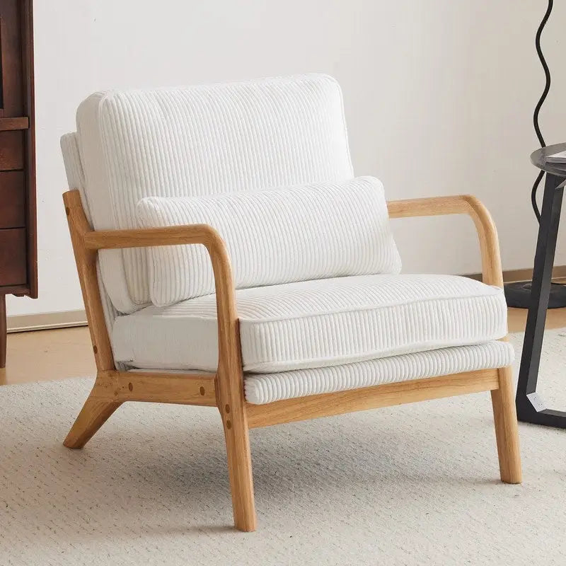 Fauteuil d'appoint moderniste en lin blanc cassé avec accoudoirs en bois massif