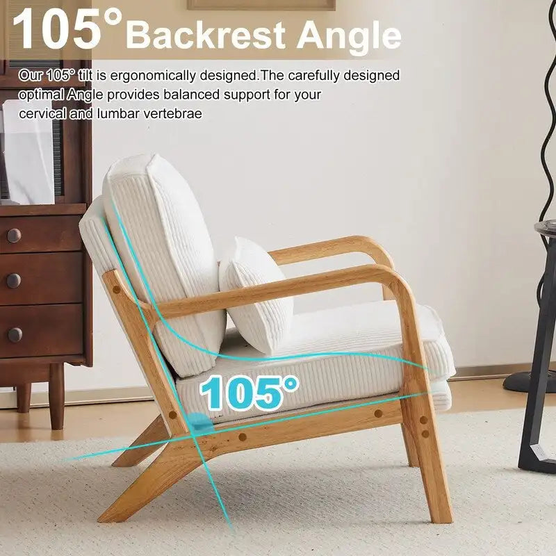 Fauteuil d'appoint moderniste en lin blanc cassé avec accoudoirs en bois massif
