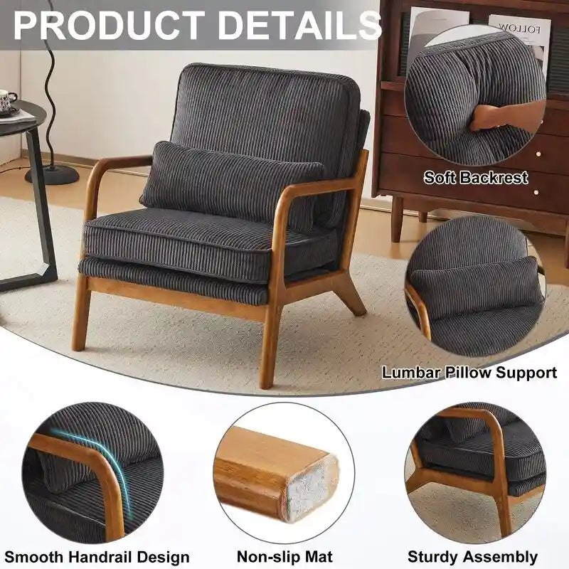 Fauteuil d'appoint moderniste en lin blanc cassé avec accoudoirs en bois massif