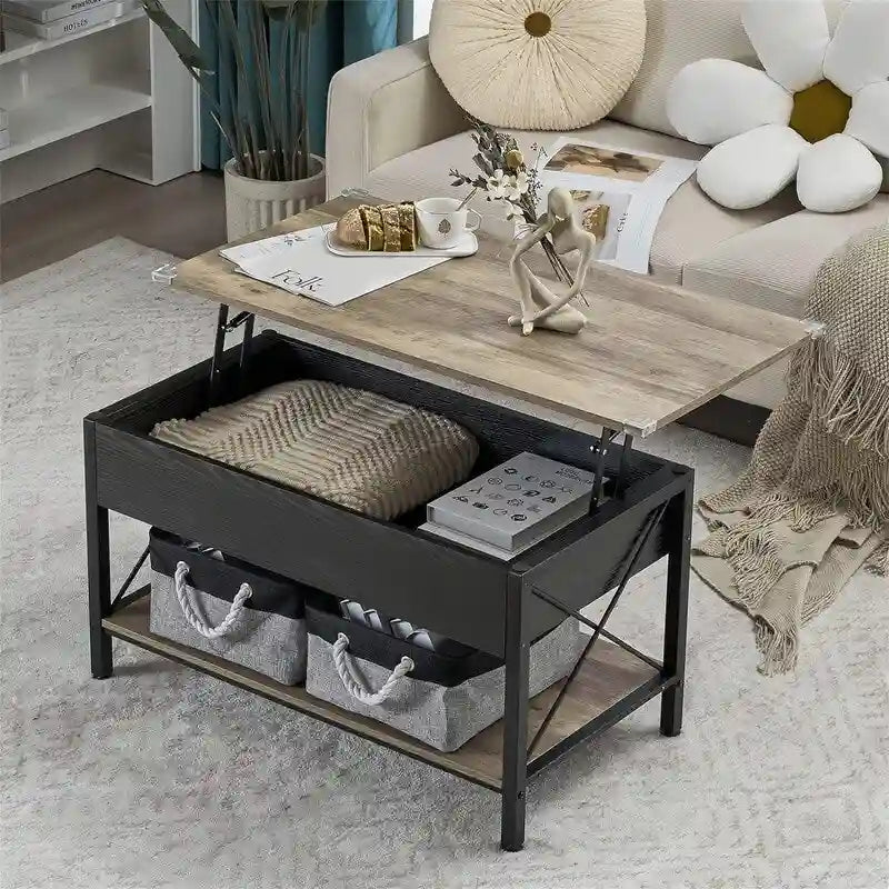Table basse relevable avec compartiment caché et bacs de rangement, Gris-noir rustique ou Blanc
