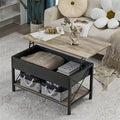 Table basse relevable avec compartiment caché et bacs de rangement, Gris-noir rustique ou Blanc
