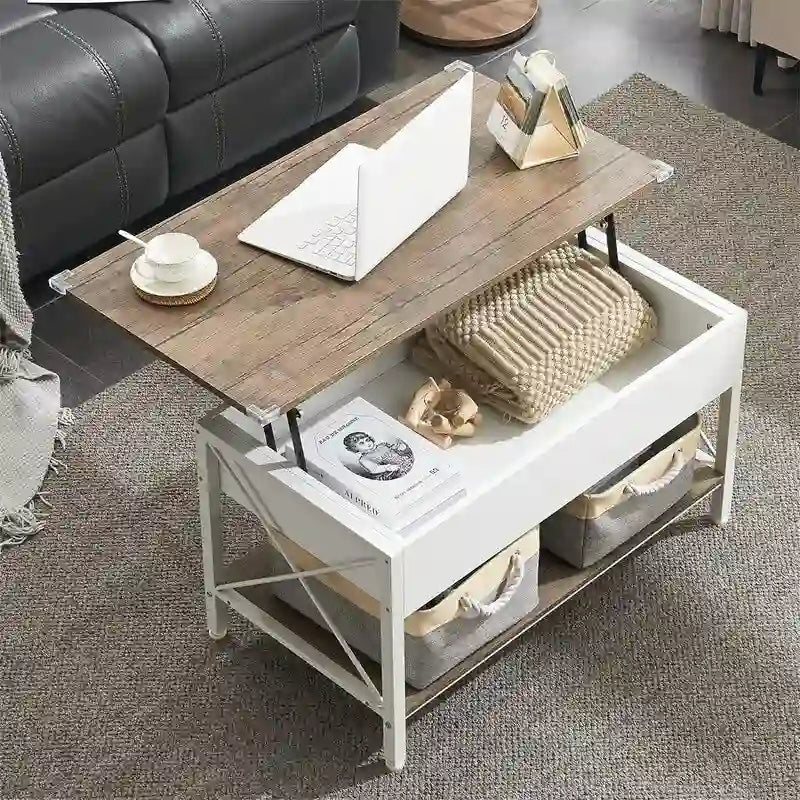 Lift Top Coffee Table with Hidden Compartment and Storage Bins, Rustic Grey-black or White