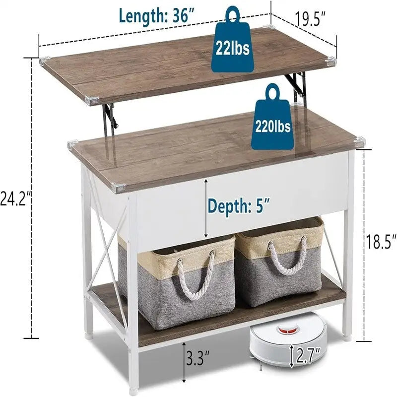 Lift Top Coffee Table with Hidden Compartment and Storage Bins, Rustic Grey-black or White