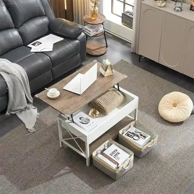 Lift Top Coffee Table with Hidden Compartment and Storage Bins, Rustic Grey-black or White