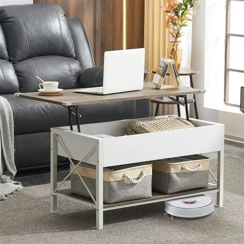 Lift Top Coffee Table with Hidden Compartment and Storage Bins, Rustic Grey-black or White