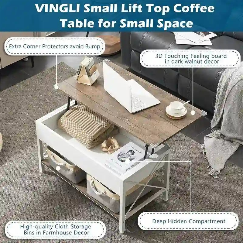 Lift Top Coffee Table with Hidden Compartment and Storage Bins, Rustic Grey-black or White