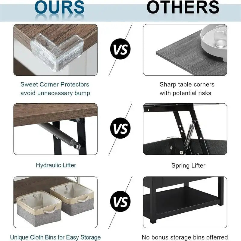 Table basse relevable avec compartiment caché et bacs de rangement, Gris-noir rustique ou Blanc