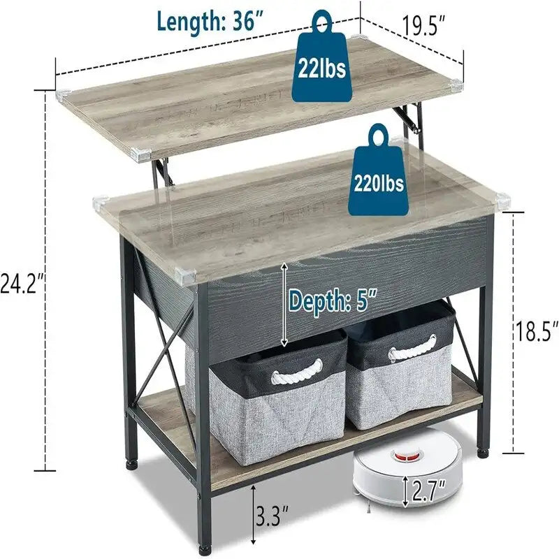 Table basse relevable avec compartiment caché et bacs de rangement, Gris-noir rustique ou Blanc