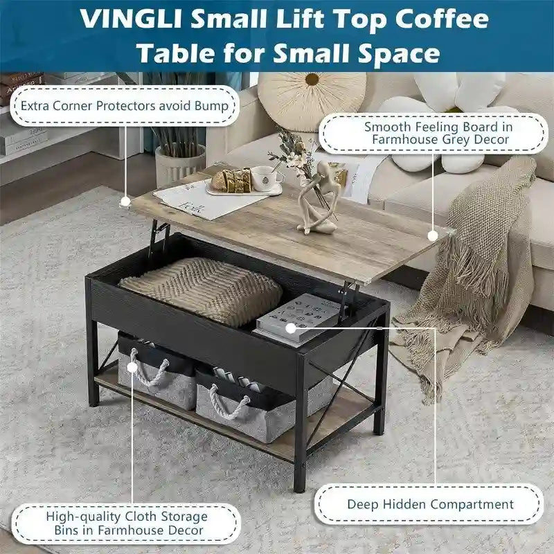Table basse relevable avec compartiment caché et bacs de rangement, Gris-noir rustique ou Blanc