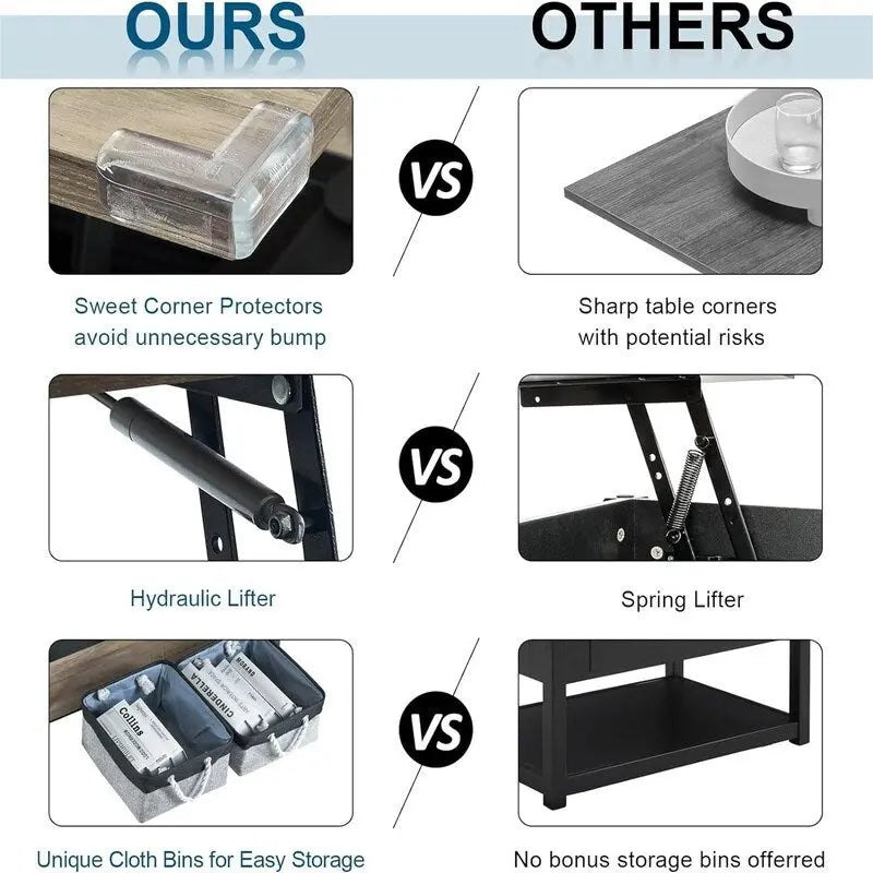 Table basse relevable avec compartiment caché et bacs de rangement, Gris-noir rustique ou Blanc