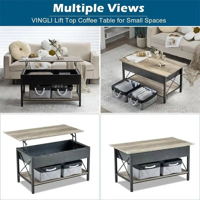 Table basse relevable avec compartiment caché et bacs de rangement, Gris-noir rustique ou Blanc