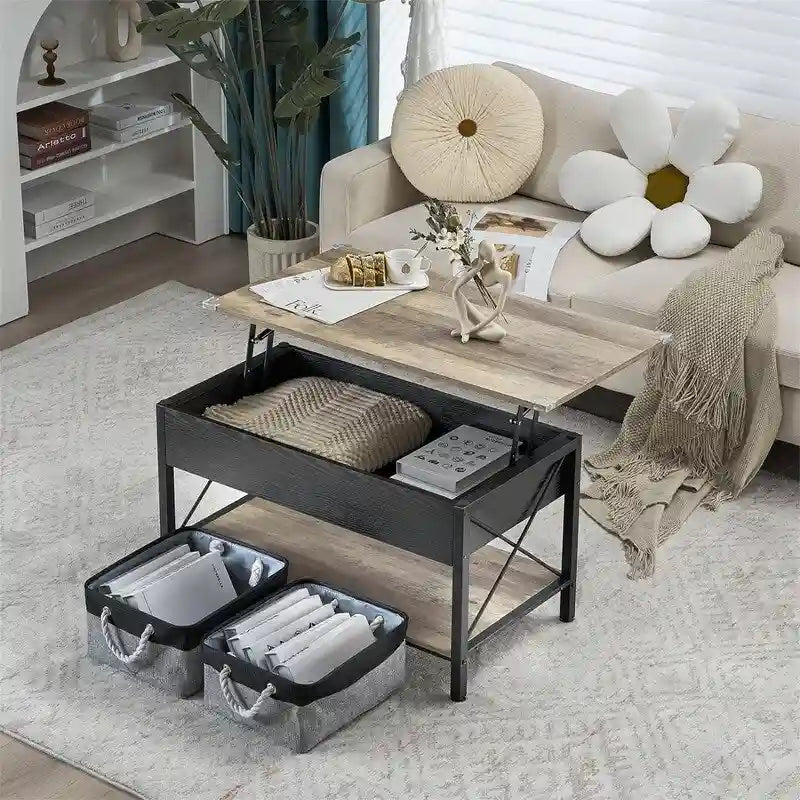 Table basse relevable avec compartiment caché et bacs de rangement, Gris-noir rustique ou Blanc