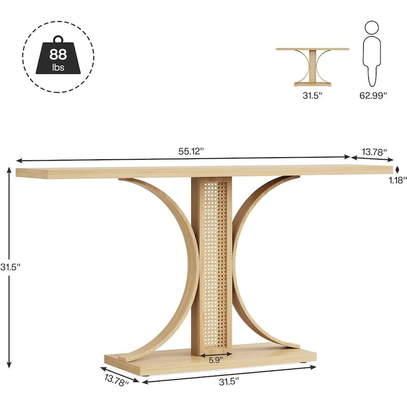 Natural Oak Rattan-Style Console Table 55 Inch Curved Base Entryway Sofa Table