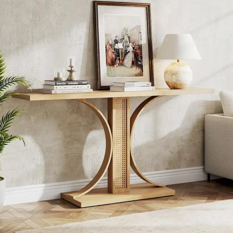 Natural Oak Rattan-Style Console Table 55 Inch Curved Base Entryway Sofa Table