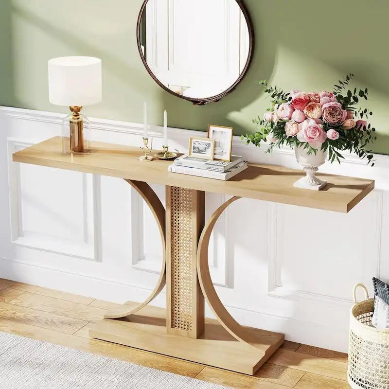 Natural Oak Rattan-Style Console Table 55 Inch Curved Base Entryway Sofa Table