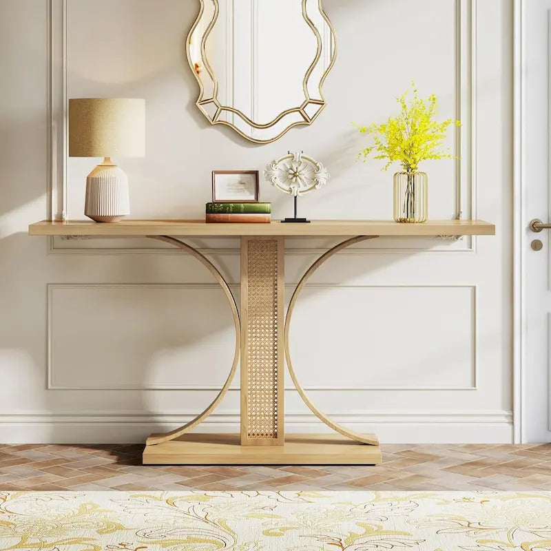 Console en chêne naturel aspect rotin 140 cm, table d'entrée courbée pour canapé