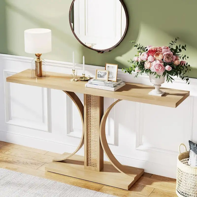 Console en chêne naturel aspect rotin 140 cm, table d'entrée courbée pour canapé