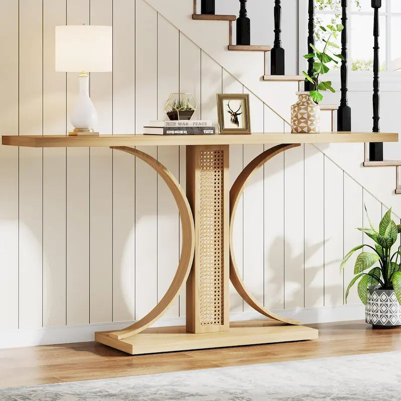 Console en chêne naturel aspect rotin 140 cm, table d'entrée courbée pour canapé