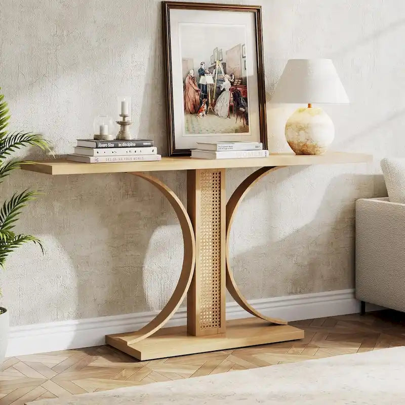 Console en chêne naturel aspect rotin 140 cm, table d'entrée courbée pour canapé