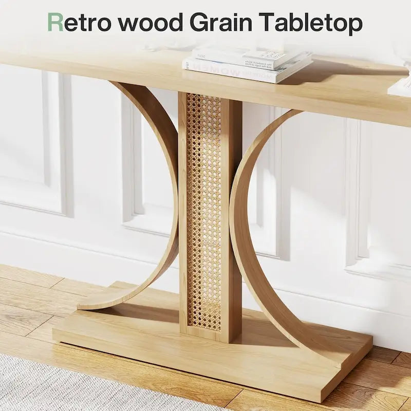 Console en chêne naturel aspect rotin 140 cm, table d'entrée courbée pour canapé