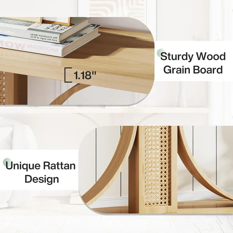 Console en chêne naturel aspect rotin 140 cm, table d'entrée courbée pour canapé