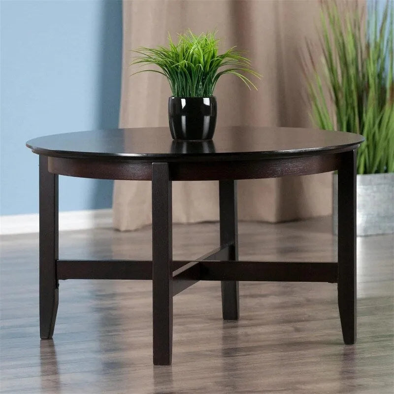 Round Solid Wood Espresso Coffee Table with Shaker Legs and X Crossbar
