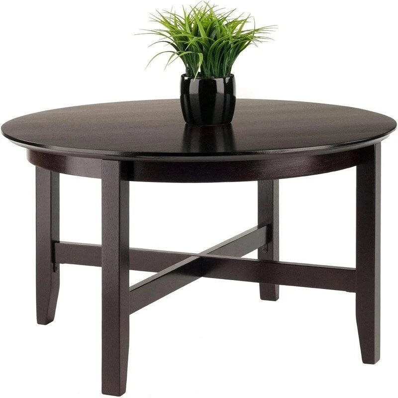 Table basse ronde en bois massif expresso avec pieds Shaker et barre transversale en X