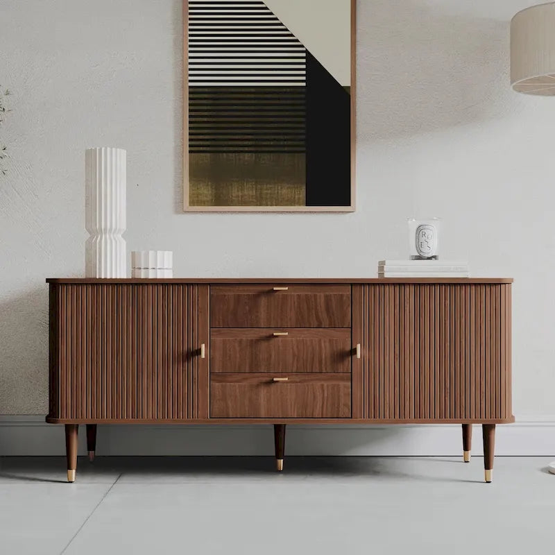 Dark Walnut Veneer Sideboard with Sliding Tambour Doors and Brass Accents