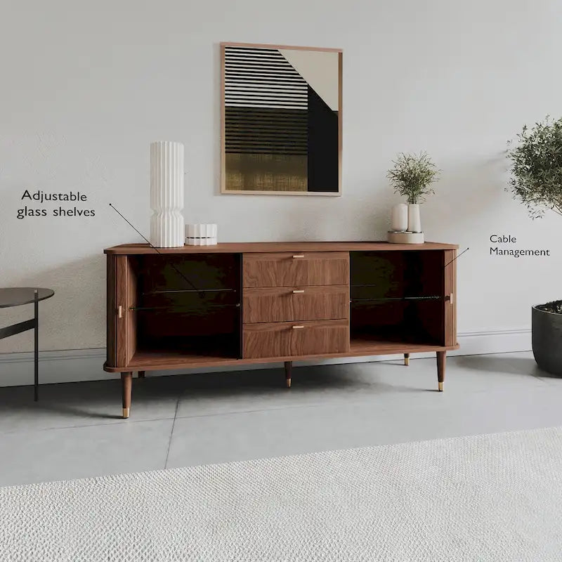 Dark Walnut Veneer Sideboard with Sliding Tambour Doors and Brass Accents