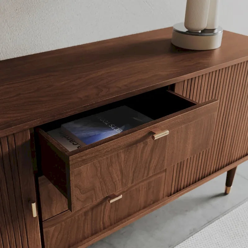 Dark Walnut Veneer Sideboard with Sliding Tambour Doors and Brass Accents