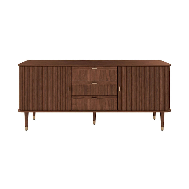 Dark Walnut Veneer Sideboard with Sliding Tambour Doors and Brass Accents