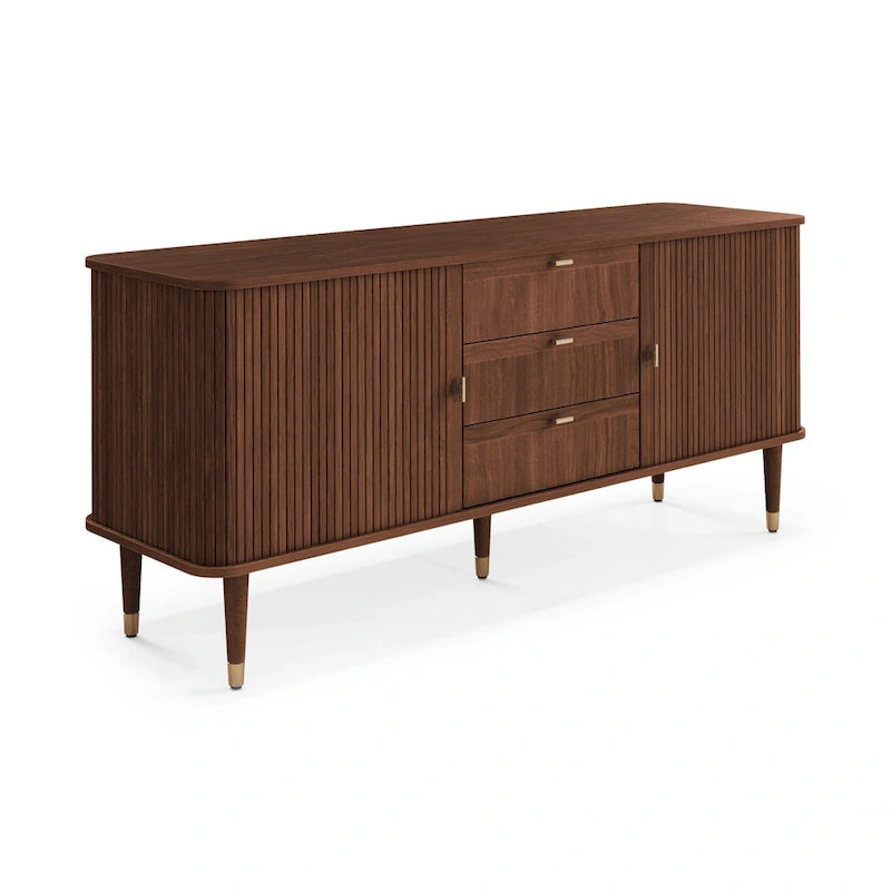 Dark Walnut Veneer Sideboard with Sliding Tambour Doors and Brass Accents