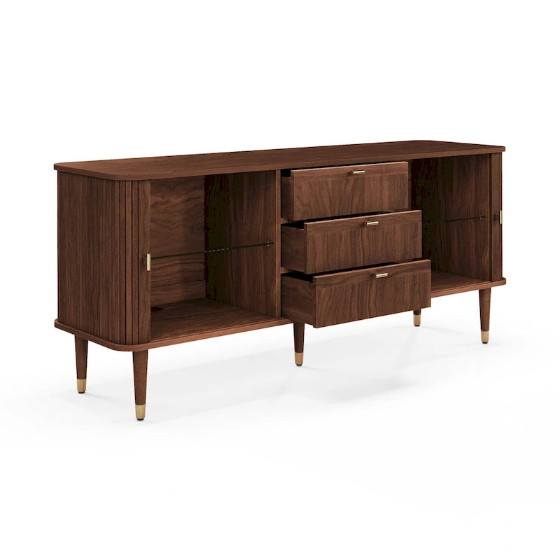 Enfilade en placage de noyer foncé avec portes coulissantes à tambour et accents en laiton