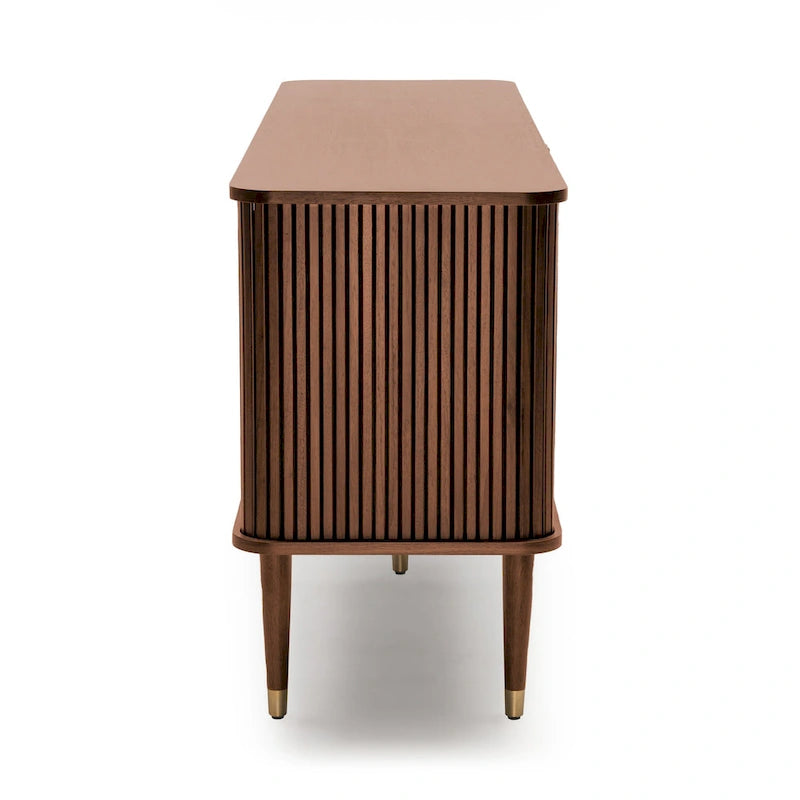 Enfilade en placage de noyer foncé avec portes coulissantes à tambour et accents en laiton