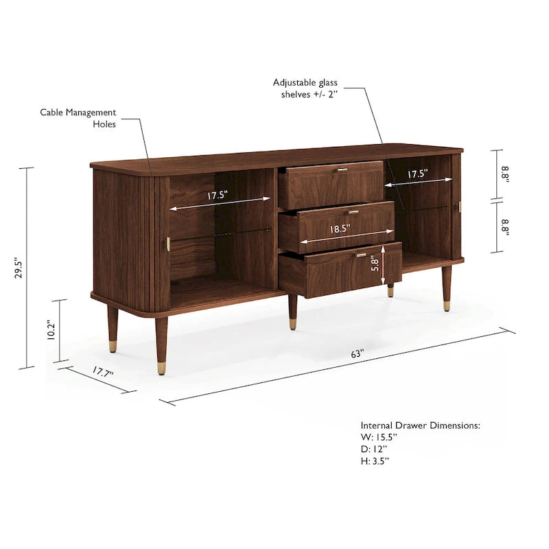 Enfilade en placage de noyer foncé avec portes coulissantes à tambour et accents en laiton