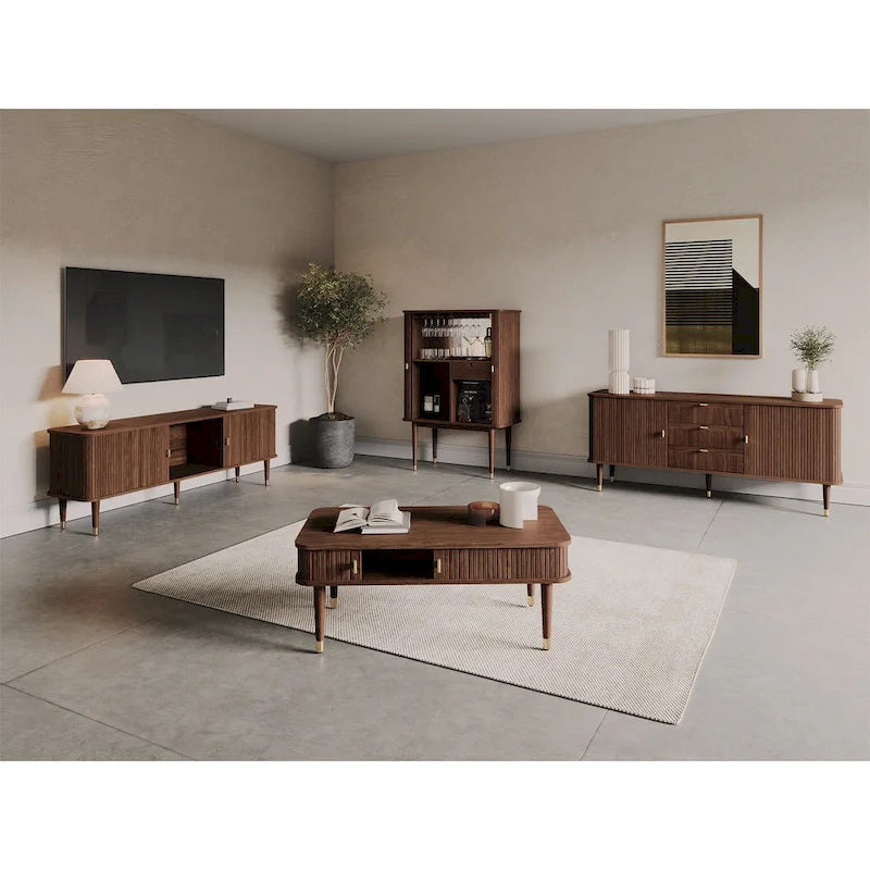 Enfilade en placage de noyer foncé avec portes coulissantes à tambour et accents en laiton