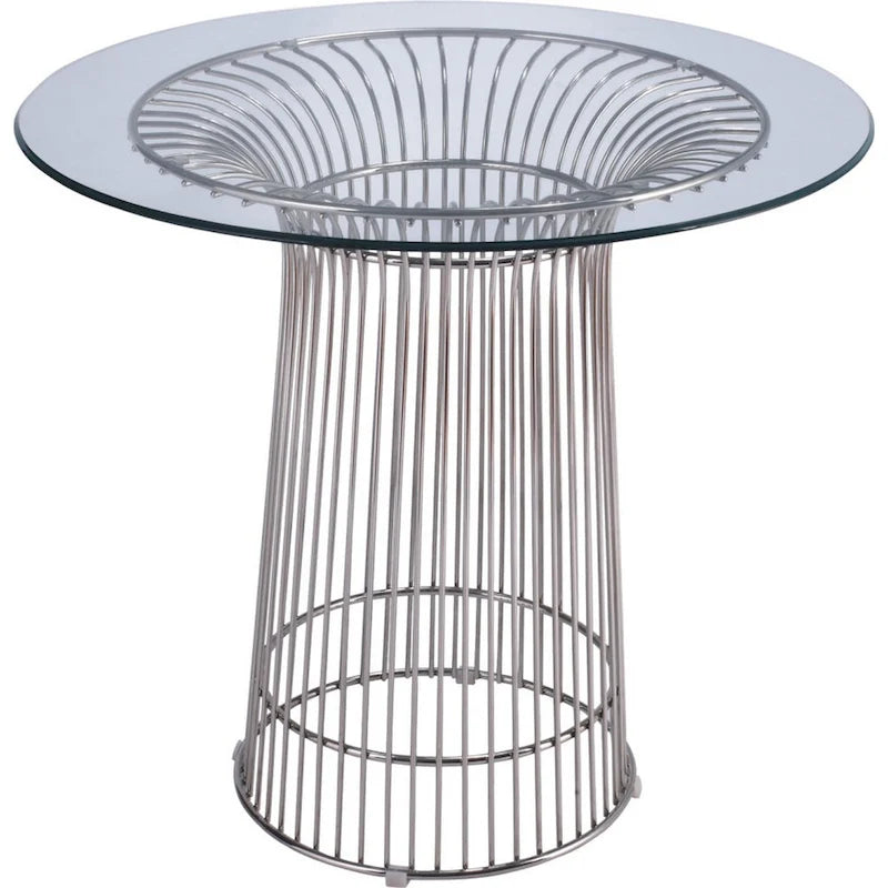 Table à manger ronde avec plateau en verre trempé et piètement central en fils de chrome