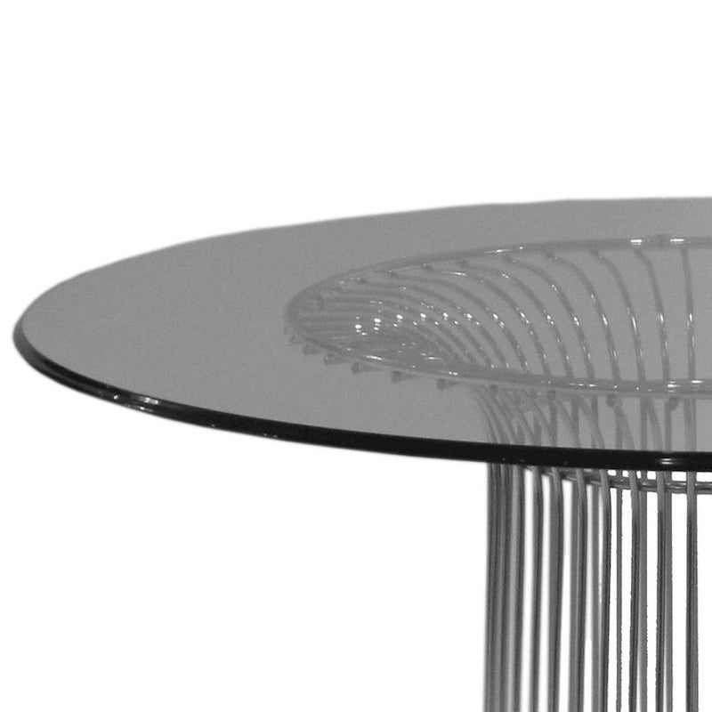 Table à manger ronde avec plateau en verre trempé et piètement central en fils de chrome