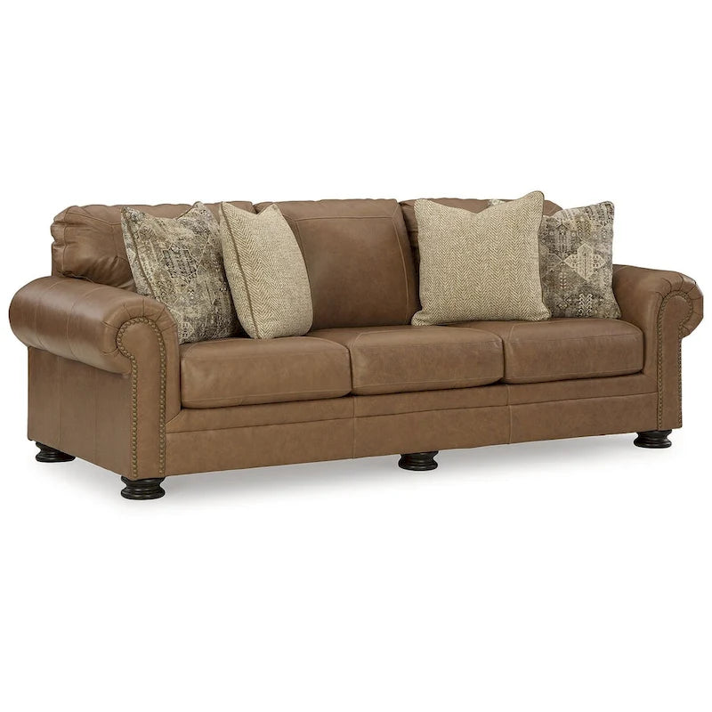 Caramel Rolled Arm Leather Sofa with Nailhead Trim and Accent Pillows