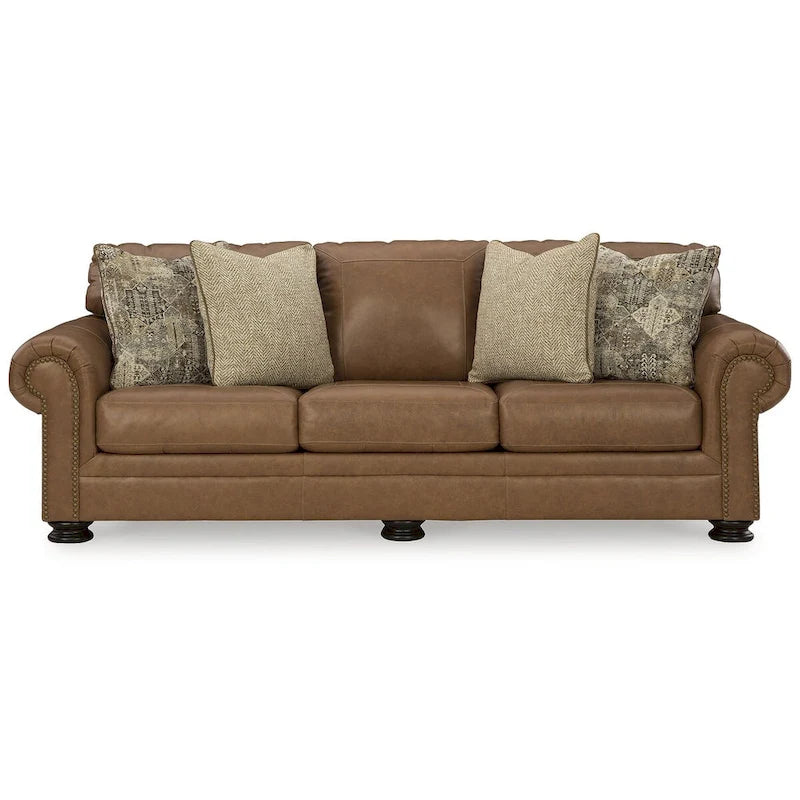 Caramel Rolled Arm Leather Sofa with Nailhead Trim and Accent Pillows