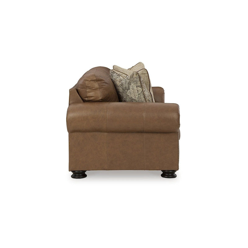 Caramel Rolled Arm Leather Sofa with Nailhead Trim and Accent Pillows