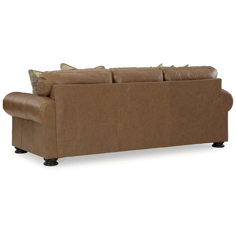 Caramel Rolled Arm Leather Sofa with Nailhead Trim and Accent Pillows