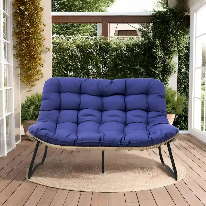 Oversized Papasan Rattan Chair with Tufted Cushion Indoor Outdoor Patio