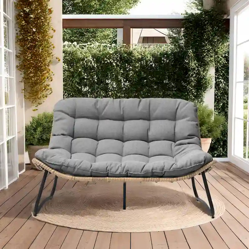 Oversized Papasan Rattan Chair with Tufted Cushion Indoor Outdoor Patio