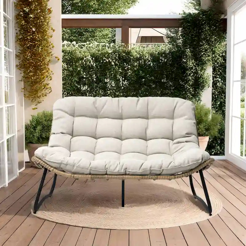Oversized Papasan Rattan Chair with Tufted Cushion Indoor Outdoor Patio