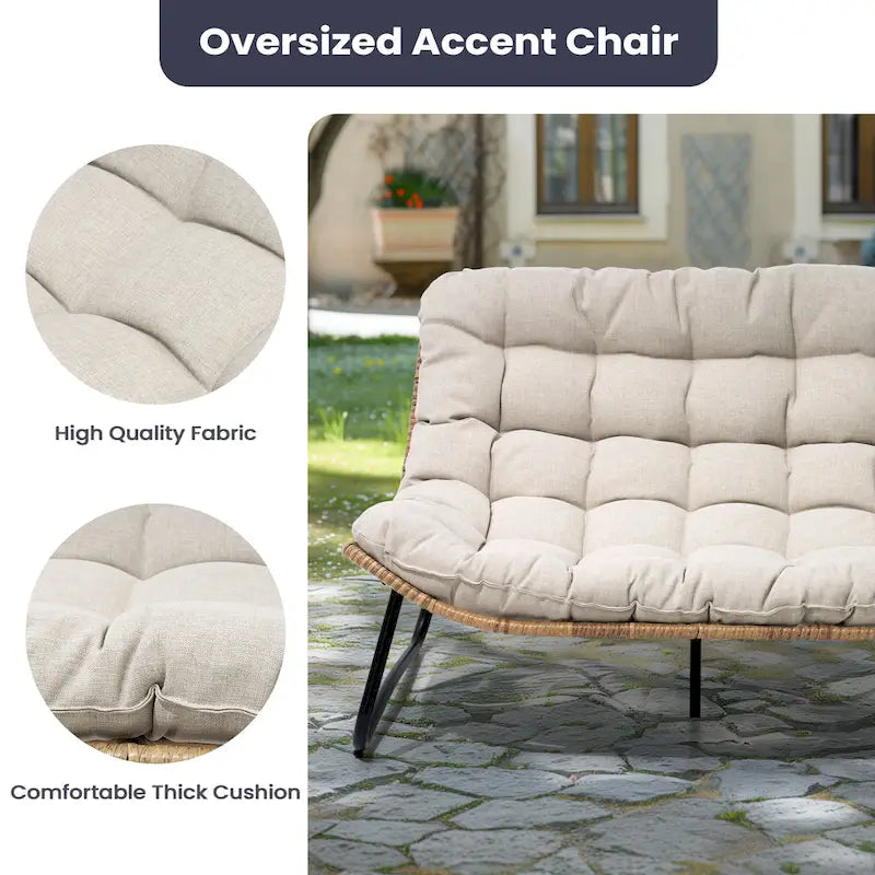 Oversized Papasan Rattan Chair with Tufted Cushion Indoor Outdoor Patio
