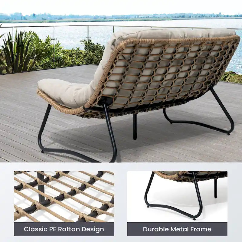 Oversized Papasan Rattan Chair with Tufted Cushion Indoor Outdoor Patio