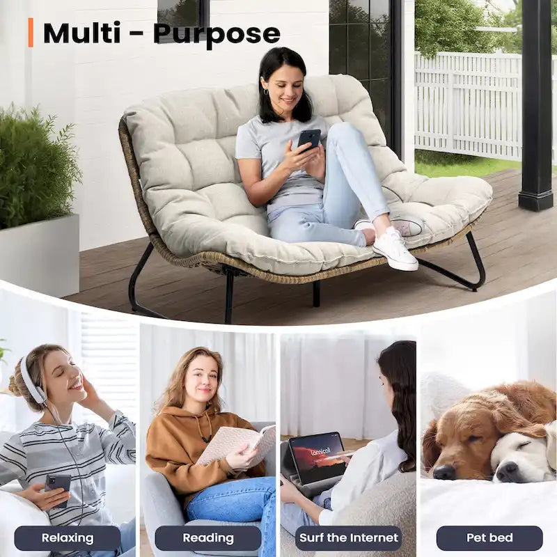 Oversized Papasan Rattan Chair with Tufted Cushion Indoor Outdoor Patio