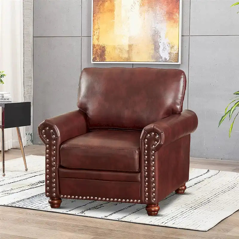 Fauteuil d'appoint en similicuir à accoudoirs arrondis et clous décoratifs, bordeaux